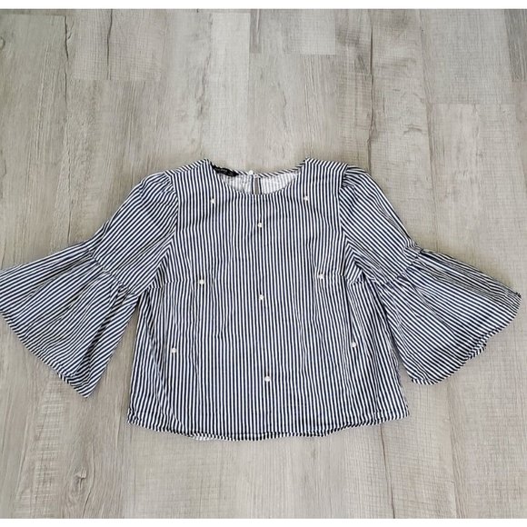 Zara Tops - Zara Woman Classic Cropped Blouse Stripes Pearl accent w Large Bell Sleeves Sz S